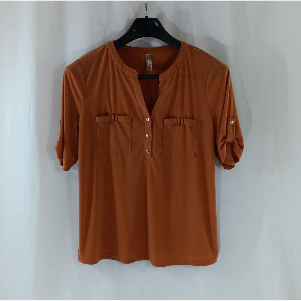 Per Seption Concept Blouse Women's Size XL Orange Roll Tab 1/2 Sleeve